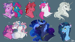 Size: 1920x1080 | Tagged: safe, artist:solkatt, bow tie (g1), galaxy (g1), misty brightdawn, princess luna, princess silver swirl, skywishes, star catcher, sweetheart, twilight, alicorn, earth pony, pegasus, twinkle eyed pony, unicorn, g1, g2, g3, g4, g5, my little pony 'n friends, my little pony tales, rescue at midnight castle, :o, blaze (coat marking), blue background, bow, coat markings, colored horn, curved horn, facial markings, female, forehead kiss, gradient ears, gradient horn, hair bow, horn, kissing, lesbian, mare, open mouth, ship:skycatcher, shipping, simple background