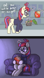 Size: 1320x2310 | Tagged: safe, artist:t72b, moondancer, pony, unicorn, basket, before and after, candy, carrot, clothes, couch, eating, female, food, hoof hold, horn, lonely, magic, mare, sitting, solo, store, sweater, teary eyes