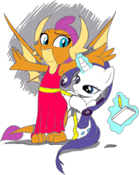 Size: 1132x1426 | Tagged: safe, artist:nauyaco, color edit, edit, rarity, smolder, dragon, pony, unicorn, g4, anxious, armpits, arms out, clothes, colored, dress, dressmaking, duo, duo female, female, horn, levitation, magic, notepad, pencil, ruler, simple background, smiling, smolder also dresses in style, spread wings, telekinesis, white background, wings