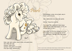 Size: 842x595 | Tagged: safe, artist:solkatt, oc, oc only, oc:pearls, earth pony, pony, comic:falling stars, g1, female, g1 oc, gray background, light gray background, looking at you, mare, pearlized pony, reference sheet, simple background, sitting, solo, turned head, zoom layer