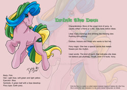 Size: 842x595 | Tagged: safe, artist:solkatt, oc, oc only, oc:drink the dew, earth pony, pony, comic:falling stars, g1, eye clipping through hair, female, g1 oc, mare, pink background, reference sheet, simple background, solo, zoom layer