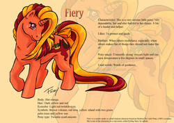 Size: 842x595 | Tagged: safe, artist:solkatt, oc, oc only, oc:fiery, pony, twinkle eyed pony, unicorn, comic:falling stars, g1, bow, female, g1 oc, horn, mare, raised hoof, reference sheet, simple background, tail, tail bow, turned head, yellow background, zoom layer
