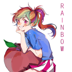 Size: 1080x1080 | Tagged: safe, artist:jiting442, rainbow dash, human, apple, blushing, clothes, food, grin, humanized, jacket, simple background, sitting, smiling, solo, text, white background