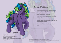 Size: 842x595 | Tagged: safe, artist:solkatt, oc, oc only, oc:love potion (solkatt), earth pony, pony, comic:falling stars, g1, female, freckles, g1 oc, lavender background, mare, purple background, raised hoof, reference sheet, simple background, solo, standing, turned head, zoom layer