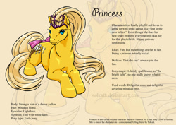 Size: 842x595 | Tagged: safe, artist:solkatt, oc, oc only, oc:princess, earth pony, pony, comic:falling stars, g1, bow, female, g1 oc, jewelry, lying down, mare, prone, reference sheet, simple background, solo, tail, tail bow, tan background, tiara, zoom layer