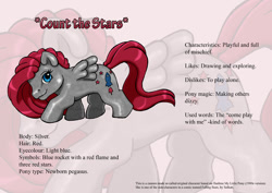 Size: 842x595 | Tagged: safe, artist:solkatt, oc, oc only, oc:count the stars, pegasus, pony, comic:falling stars, g1, baby, baby pony, female, filly, foal, g1 oc, pink background, raised hoof, reference sheet, simple background, solo, standing, zoom layer