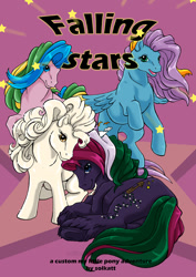 Size: 595x842 | Tagged: safe, artist:solkatt, oc, oc only, oc:drink the dew, oc:let's cross the sky together, oc:make a wish "maw", oc:pearls, earth pony, pegasus, comic:falling stars, 2010, comic cover, female, flying, group, looking at you, lying down, male, mare, on side, pearlized pony, pink background, quartet, simple background, sitting, stallion, stars, underhoof, unshorn fetlocks