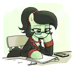 Size: 642x590 | Tagged: safe, artist:plunger, oc, oc only, oc:anon-mare, oc:filly anon, pony, beads, cellphone, chair, clipboard, clothes, documents, female, filly, foal, glasses, image, imported from twibooru, lidded eyes, mare, older, passepartout, phone, png, smartphone, solo, suit, tired