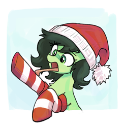 Size: 479x495 | Tagged: safe, artist:plunger, oc, oc only, oc:filly anon, pony, candy, candy cane, chest fluff, christmas, clothes, female, filly, foal, food, hat, holiday, imported from twibooru, licking, passepartout, png, santa hat, socks, solo, striped socks, tongue out, tongue stuck to pole