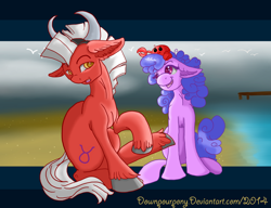 Size: 1300x1000 | Tagged: safe, artist:downpourpony, cancer (g4), taurus (g4), crab, earth pony, pony, cancer (horoscope), duo, duo male and female, fake horns, female, male, mare, ponyscopes, shipping, stallion, straight, taurus