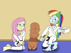 Size: 828x612 | Tagged: safe, fluttershy, rainbow dash, human, equestria girls, g4, barefoot, clothes, dojo, duo, feet, female, gi, hojojutsu, martial arts, submissive, tied up
