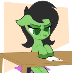 Size: 1391x1414 | Tagged: safe, artist:scandianon, oc, oc only, oc:filly anon, annoyed, female, filly, foal, furrowed brow, indoors, lidded eyes, looking down, nose wrinkle, scrunchy face, sitting, table, taxes