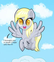Size: 1300x1500 | Tagged: safe, artist:scandianon, derpy hooves, pegasus, pony, g4, cloud, colored pupils, cross-eyed, cute, derpabetes, ear fluff, female, flying, happy, looking at you, mare, open mouth, open smile, present, rounded rectangular catchlights, sky, sky background, smiling, smiling at you, solo, spread wings, talking to viewer, wings
