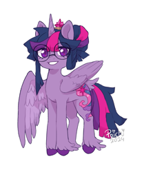 Size: 1277x1524 | Tagged: safe, artist:paichitaron, twilight sparkle, alicorn, pony, g4, alternate cutie mark, alternate hairstyle, crown, female, glasses, grin, jewelry, looking at you, mare, one wing out, regalia, round glasses, signature, simple background, smiling, smiling at you, solo, tail, tail feathers, transparent background, twilight sparkle (alicorn), unshorn fetlocks, wings