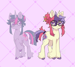 Size: 1774x1589 | Tagged: safe, artist:paichitaron, moondancer, twilight sparkle, pony, unicorn, alternate design, female, frown, glasses, hair bun, horn, mare, messy mane, patterned background, pencil in hair, purple background, round glasses, signature, simple background, solo, unicorn twilight, unshorn fetlocks