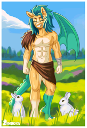 Size: 5324x7804 | Tagged: safe, artist:zendora, hitch trailblazer, dog, dragon, husky, anthro, digitigrade anthro, unguligrade anthro, g5, abs, clothes, eyes closed, grin, gritted teeth, husbando, loincloth, male, male nipples, muscles, muscular male, nature, nipples, one wing, partial nudity, pecs, smiling, species swap, strong, teeth, topless, wings, wings down