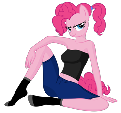 Size: 4840x4518 | Tagged: safe, alternate version, anonymous editor, artist:lexx disaster, edit, edited edit, pinkie pie, earth pony, anthro, g4, bare shoulders, clothes, denim, denim shorts, looking at you, pigtails, shorts, simple background, sleeveless, socks, solo, strapless, transparent background, tube top, twintails