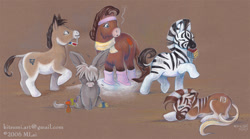 Size: 790x440 | Tagged: safe, artist:kitsumi, oc, oc only, donkey, pony, quagga, zebra, g1, 3d glasses, 80s, clothes, group, headband, leg warmers, mouth hold, rubik's cube, scarf