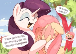 Size: 2000x1441 | Tagged: safe, artist:nookprint, edit, editor:zariots, fluttershy, rarity, pegasus, pony, unicorn, g4, ashamed, blushing, bronybait, description in comments, duo, emanata, female, floppy ears, happy face, hidden face, horn, hug, mare, spanish, speech bubble, talking, talking to viewer, text edit, translated in the comments, translation, translator:zariots, wing hands, wingmare, wings