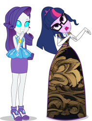 Size: 2690x3538 | Tagged: safe, artist:cartoonmasterv3, rarity, sci-twi, twilight sparkle, changeling, human, undead, zombie, equestria girls, g4, april fools, april fools 2024, clothes, disguise, disguised changeling, dress, duo, duo female, female, infected, long dress, long skirt, simple background, skirt, transparent background