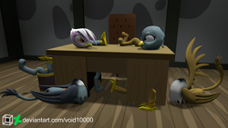 Size: 2560x1440 | Tagged: safe, artist:sjdiene, gabby, gilda, griffon, g4, 3d, detachable head, female, looking at each other, looking at someone, modular, table