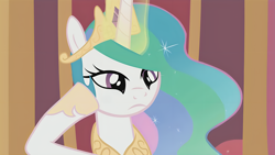 Size: 3840x2160 | Tagged: safe, artist:forgalorga, derpibooru exclusive, part of a set, princess celestia, alicorn, pony, celestia is best princess (animation), g4, alicorn horn, canterlot castle, celestia is not amused, celestia's crown, chestplate, crown, female, focus, glowing, glowing horn, hooves, hooves on face, hooves up, horn, jewelry, long hair, long horn, long mane, magic, mare, multicolored mane, off model, regalia, show accurate, solo, spanish description, sparkles, telekinesis, throne, throne room, unamused