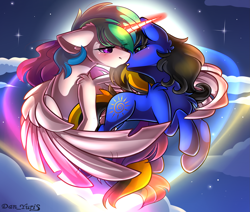 Size: 2451x2080 | Tagged: safe, alternate character, alternate version, artist:yuris, princess celestia, oc, oc:destiny light, alicorn, pony, blushing, clothes, duo, ears back, ears up, female, flying, full moon, imminent kissing, male, moon, night, scarf, shipping, sky, straight