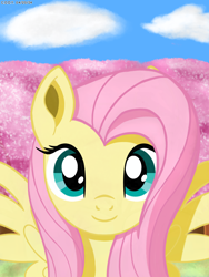 Size: 3600x4800 | Tagged: safe, artist:codenamekid, fluttershy, pegasus, pony, g4, cherry blossoms, cloud, cute, digital art, female, flower, flower blossom, forest, forest background, grass, highlights, long mane, looking at each other, looking at someone, looking at you, mare, morning, nature, shading, shyabetes, sky, smiling, smiling at each other, solo, spread wings, tree, wings