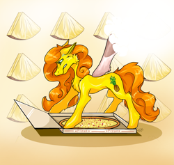 Size: 2231x2112 | Tagged: safe, artist:kenry dog, oc, oc only, oc:anna pine, earth pony, pony, g4, concave belly, food, freckles, gradient background, looking down, pineapple, pizza, ponies in food, scared, slender, solo, thin