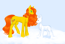 Size: 2040x1382 | Tagged: safe, oc, oc only, oc:anna pine, earth pony, concave belly, freckles, height difference, pineapple, raised leg, simple background, slender, snow, snowpony, solo, thin
