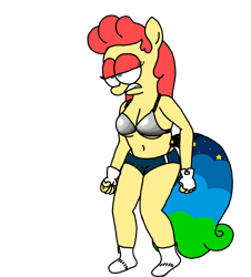 Size: 3023x3351 | Tagged: safe, artist:professorventurer, oc, oc only, oc:power star, earth pony, anthro, alternate universe, anthro oc, booty shorts, breasts, busty oc, clothes, earth pony oc, frown, high res, lidded eyes, metal bra, mma, mma gloves, panties, rule 85, simple background, super mario 64, tail, teeth, transparent background, underwear