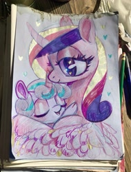 Size: 2737x3593 | Tagged: safe, artist:radfrankie, princess cadance, princess flurry heart, alicorn, pony, g4, baby, baby pony, duo, duo female, eyes closed, female, filly, foal, high res, holding a pony, hug, lidded eyes, mare, mother and child, mother and daughter, smiling, traditional art, wings