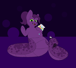 Size: 2000x1800 | Tagged: safe, artist:vesper, oc, oc only, oc:poison perfect, lamia, original species, snake, snake pony, belly, belly button, belly piercing, big belly, big tail, bottle, candy, chubby, coils, fangs, fat, fat tail, female, food, gem, green eyes, gummy bears, looking at you, mare, open mouth, overweight, piercing, ponytail, purple background, purple coat, purple mane, simple background, smiling, smiling at you, snakepony, soda, soda bottle, solo, solo female, spots, tail, thick tail, waving, waving at you
