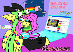 Size: 960x687 | Tagged: safe, artist:beetalz, fluttershy, pegasus, pony, antonymph, cutiemarks (and the things that bind us), computer, gir, invader zim, laptop computer, nyan cat, smiling, vylet pony