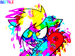 Size: 1600x1200 | Tagged: safe, artist:beetalz, derpy hooves, pony, g4, abstract background, angry, chainsaw, colorful, cross-eyed, ear piercing, earring, floppy ears, frown, gritted teeth, jewelry, looking at you, nose piercing, nose ring, piercing, scenecore, simple background, solo, sticker, teeth, white background