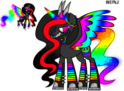Size: 1634x1200 | Tagged: safe, artist:beetalz, oc, oc:princess neon boom, alicorn, pony, alicorn oc, colored horn, colored wings, grin, horn, long hair, multicolored wings, rainbow horn, rainbow tail, rainbow wings, smiling, solo, tail, wings