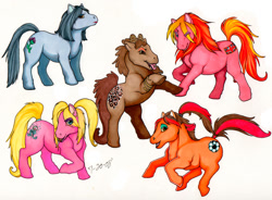 Size: 1222x900 | Tagged: safe, artist:kamilya, pony, g1, candy, female, food, group, lollipop, ponified, quintet, rearing, simple background, spice girls, white background