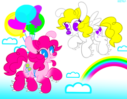 Size: 1474x1158 | Tagged: safe, artist:beetalz, pinkie pie, dog, earth pony, pegasus, pony, balloon, dogified, flying, rainbow, sky, species swap