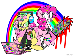 Size: 1613x1223 | Tagged: safe, artist:beetalz, fluttershy, pinkie pie, earth pony, pegasus, pony, antonymph, g4, blood, chainsaw, computer, duo, duo female, female, grin, headphones, laptop computer, rainbow, scenecore, smiling, vylet pony