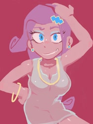 Size: 1500x2000 | Tagged: safe, artist:baigak, rarity, human, equestria girls, g4, big breasts, bracelet, breasts, busty rarity, clothes, dress, ear piercing, earring, grin, hand on head, jewelry, looking at you, necklace, piercing, red background, short dress, simple background, smiling, smiling at you, solo, white dress