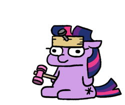 Size: 503x422 | Tagged: safe, artist:jargon scott, twilight sparkle, pony, unicorn, board, female, filly, filly twilight sparkle, floppy ears, foal, hammer, horn, nail, reference, simple background, sitting, solo, spongebob reference, spongebob squarepants, squatpony, twiggie, unicorn twilight, white background, younger