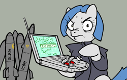 Size: 1274x806 | Tagged: safe, anonymous artist, earth pony, pony, angry, computer, e621, icbm, laptop computer, looking at you, ponerpics import, solo, sweat
