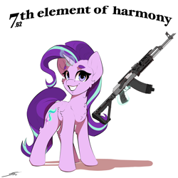 Size: 4000x4000 | Tagged: safe, artist:skitsroom, starlight glimmer, pony, unicorn, g4, absurd resolution, ak-47, akm, assault rifle, female, grin, gun, holding, horn, levitation, long mane, magic, mare, open mouth, open smile, rifle, signature, simple background, smiling, solo, teeth, telekinesis, text, weapon