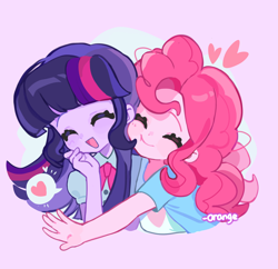 Size: 2648x2562 | Tagged: safe, artist:chengzi82020, pinkie pie, twilight sparkle, equestria girls, g4, eyes closed, heart, hug, open mouth, purple background, simple background, smiling, speech bubble