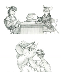Size: 1100x1304 | Tagged: safe, artist:baron engel, applejack, oc, oc:king trafalgar maximilian augustus leopold iii, mouse, anthro, g4, applejack's hat, breasts, cleavage, cowboy hat, female, hat, male, monochrome, mousified, pencil drawing, simple background, species swap, story included, traditional art, white background