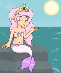Size: 774x922 | Tagged: safe, artist:ocean lover, princess celestia, human, mermaid, bandeau, bare midriff, bare shoulders, belly, belly button, child, crown, cute, cutelestia, diamond, eyes closed, fins, fish tail, human coloration, humanized, jewelry, light skin, mermaid princess, mermaid tail, mermaidized, mermay, midriff, ms paint, ocean, outdoors, pink hair, regalia, relaxing, rock, royalty, sitting, sky, sleeveless, smiling, species swap, sun, tail, tail fin, water, wave, young, young celestia
