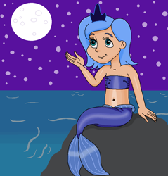 Size: 898x941 | Tagged: safe, artist:ocean lover, princess luna, human, mermaid, bandeau, bare midriff, bare shoulders, belly, belly button, blue hair, child, crown, cute, female, filly, filly luna, fins, fish tail, human coloration, humanized, jewelry, looking up, lunabetes, mermaid princess, mermaid tail, mermaidized, mermay, midriff, moderate dark skin, moon, ms paint, night, night sky, ocean, outdoors, purple sky, regalia, rock, royalty, sitting, sky, sleeveless, species swap, stars, tail, tail fin, teal eyes, water, wave, woona, young, young luna, younger