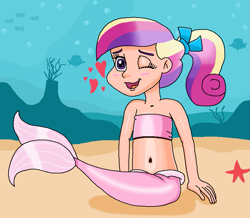 Size: 823x718 | Tagged: safe, artist:ocean lover, princess cadance, fish, human, mermaid, starfish, bandeau, bare midriff, bare shoulders, belly, belly button, bow, bubble, child, coral, cute, cutedance, fins, fish tail, hair bow, happy, heart, human coloration, humanized, innocent, light skin, looking at you, mermaid princess, mermaid tail, mermaidized, mermay, midriff, ms paint, multicolored hair, ocean, one eye closed, outdoors, ponytail, princess of love, purple eyes, rock, royalty, sitting, sleeveless, species swap, tail, tail fin, underwater, water, wink, winking at you, young, young cadance