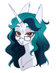 Size: 1689x2203 | Tagged: safe, artist:ruru_01, oc, oc only, pony, unicorn, accessory, ear piercing, glasses, horn, long horn, long mane, looking at you, piercing, simple background, solo, white background