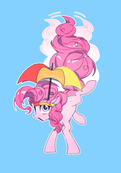 Size: 1668x2388 | Tagged: safe, artist:6ji5z6gmst1j2vs, pinkie pie, earth pony, pony, female, hat, light blue background, mare, open mouth, pinkie sense, simple background, solo, standing on two hooves, tail, twitchy tail, umbrella hat